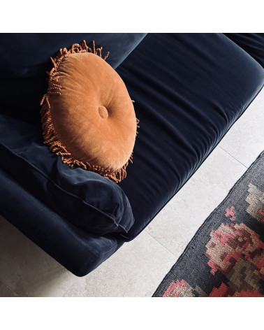 Coussin rond à franges en velours coloris camel inspiré, rétro mais tellement chic